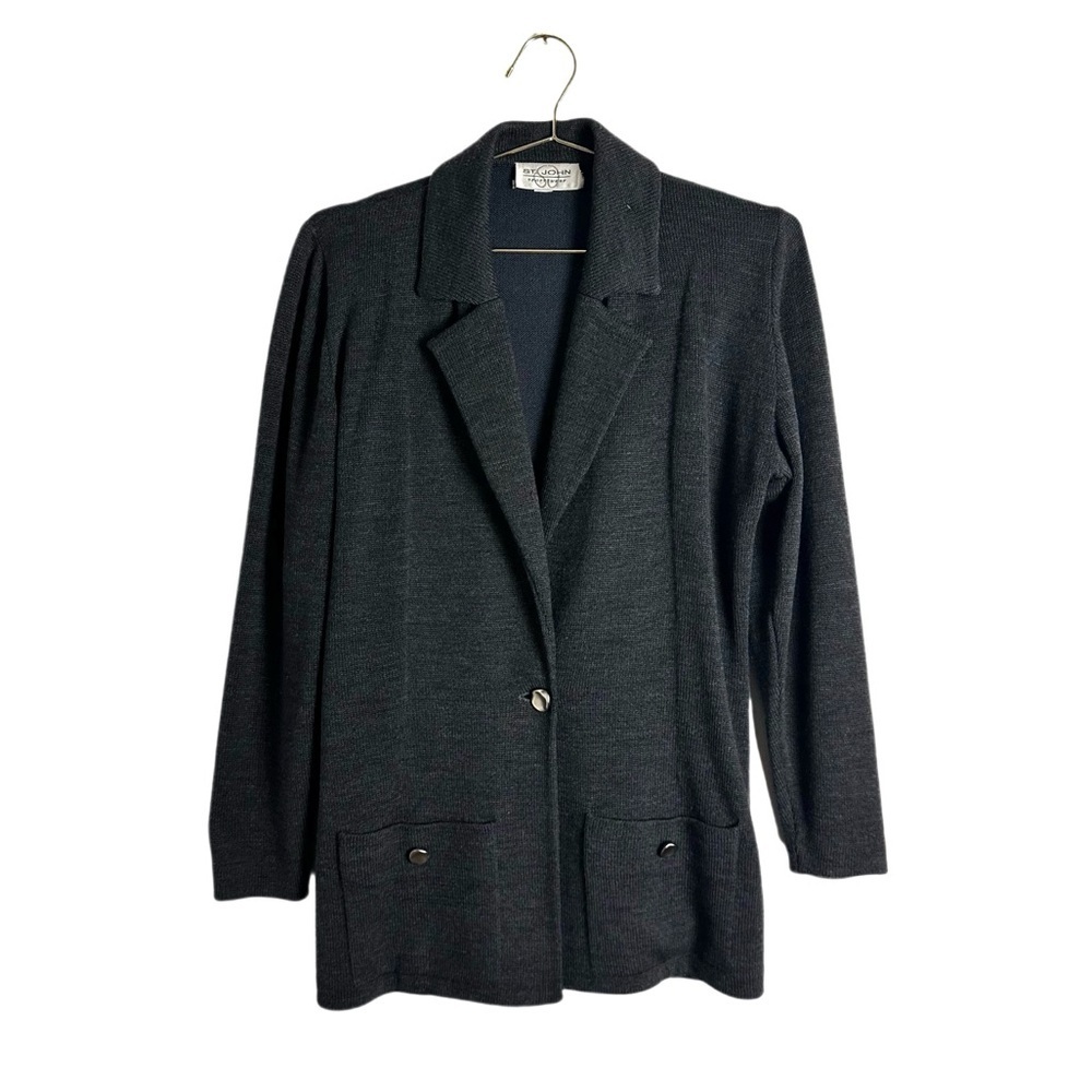 St. John Knit Unlined Charcoal Gray Silver Button Blazer Jacket Size S *as is